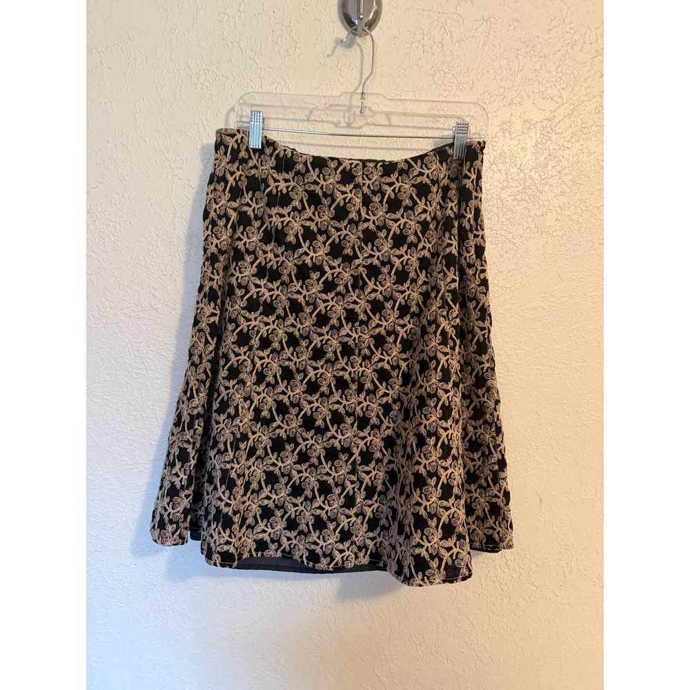 Axcess Liz Claiborne Womens 14 Black Tan Floral Embroidered A-Line Skirt Knee